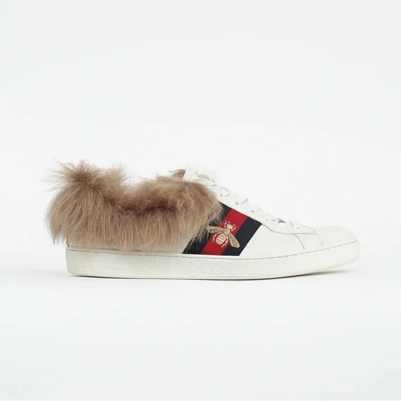Gucci Shoes Ace Web Fur Lined Sneakers White 11 - Picture 2 of 4